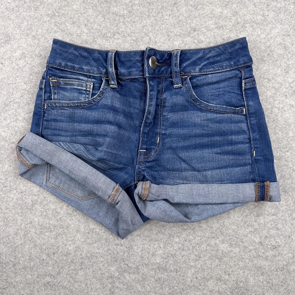 American Eagle Outfitters M-Rise Shortie Shorts Womens 0 24x3 Denim Stretch Blue